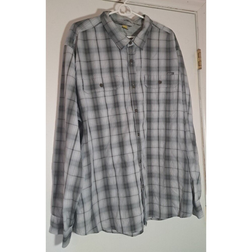 Eddie Bauer Travex Shirt Mens 2XL Grey Plaid Button Up Long Sleeve